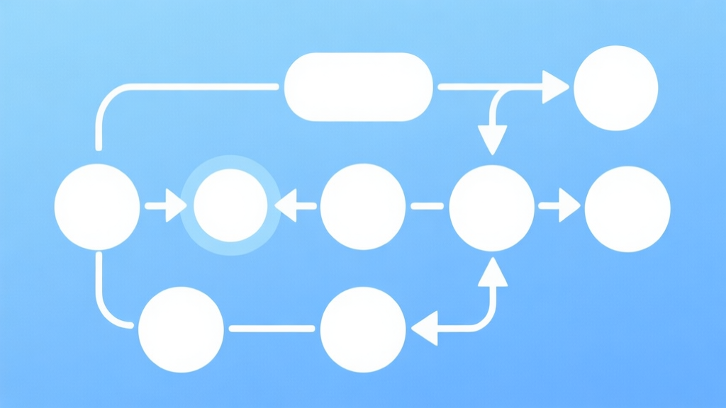 Simple flowchart illustration with connected circles and arrows, light blue and white color scheme, clean minimal design, business presentation style high quality illustration, detailed, 16:9