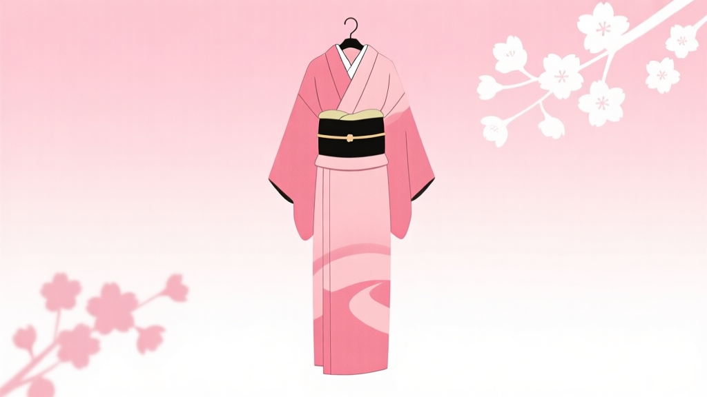 A serene, minimalist illustration of a traditional Japanese kimono hanging gracefully against a soft gradient background of pastel pink and white, with simple cherry blossom silhouettes, clean and calming aesthetic high quality illustration, detailed, 16:9