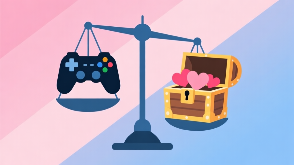 A minimalist scale illustration with game controller on one side and a treasure chest with hearts on the other, soft pink and blue gradient background, clean geometric shapes, balanced composition high quality illustration, detailed, 16:9