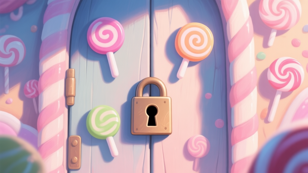 A close-up of a mysterious locked door in a whimsical candy-themed world, with three distinct candy-shaped symbols, soft pastel colors, digital painting style, inviting yet puzzling atmosphere high quality illustration, detailed, 16:9