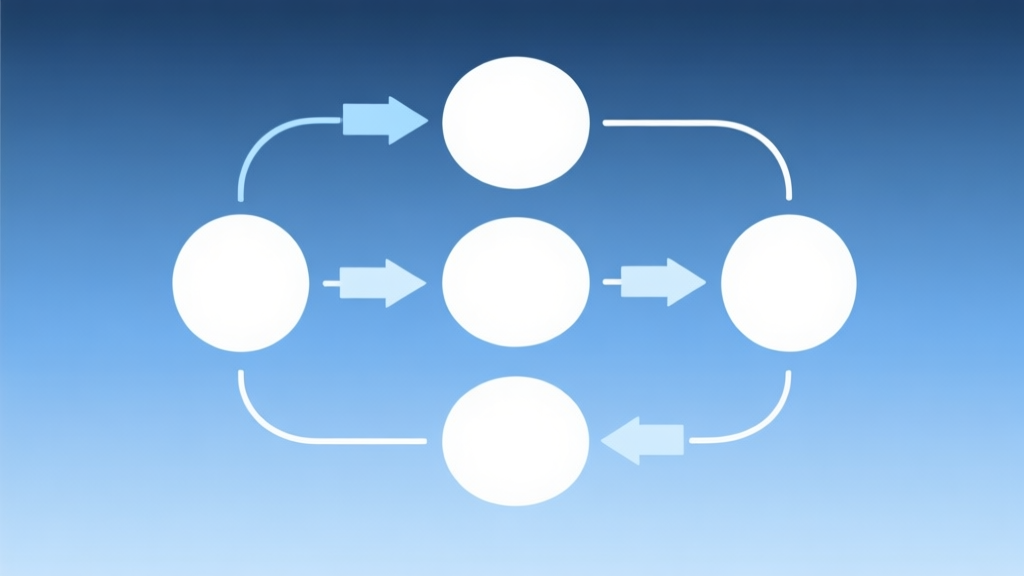 Simple flowchart illustration with connected circles and arrows, light blue and white color scheme, clean minimal design, business presentation style high quality illustration, detailed, 16:9