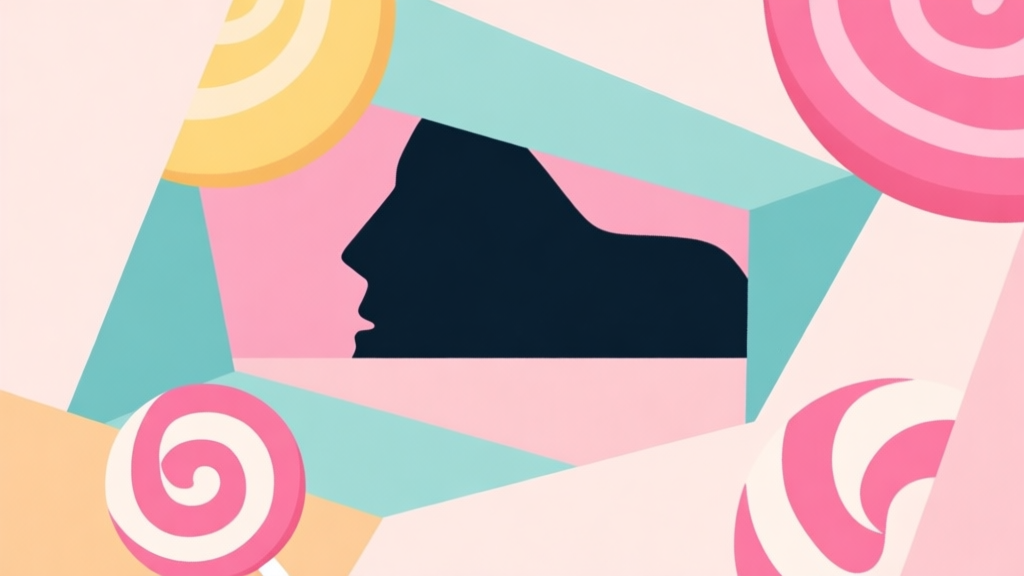 Abstract geometric composition with overlapping shapes in soft pastel colors, one dark mysterious shape hidden among bright candy-like forms, representing hidden narrative layers within a sweet story, modern minimal style high quality illustration, detailed, 16:9