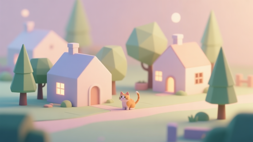 A cozy, minimalist scene of a tiny cat village with simple geometric houses and trees, soft pastel colors, warm lighting, peaceful and relaxing game concept illustration high quality illustration, detailed, 16:9