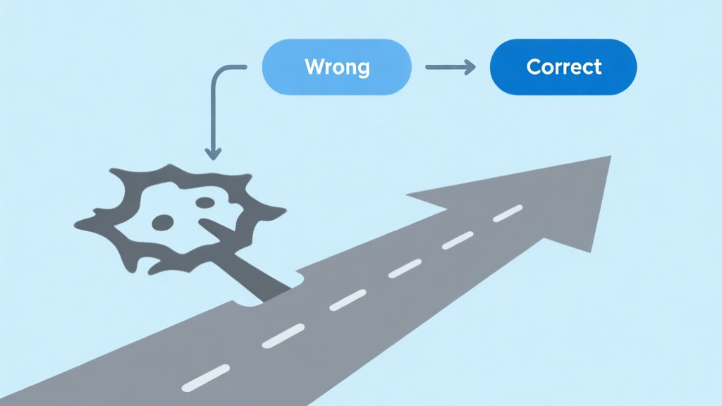 Simple flowchart illustration showing a wrong path branching into a dead end and a correct path leading forward, light blue and gray color scheme, clean minimal design, business presentation style high quality illustration, detailed, 16:9