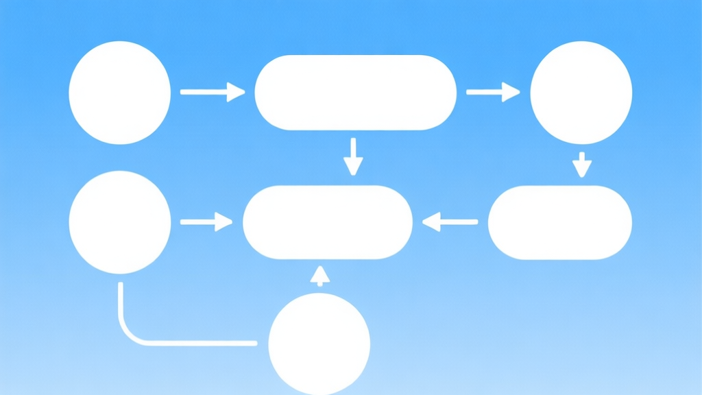 Simple flowchart illustration with connected circles and arrows, light blue and white color scheme, clean minimal design, business presentation style high quality illustration, detailed, 16:9