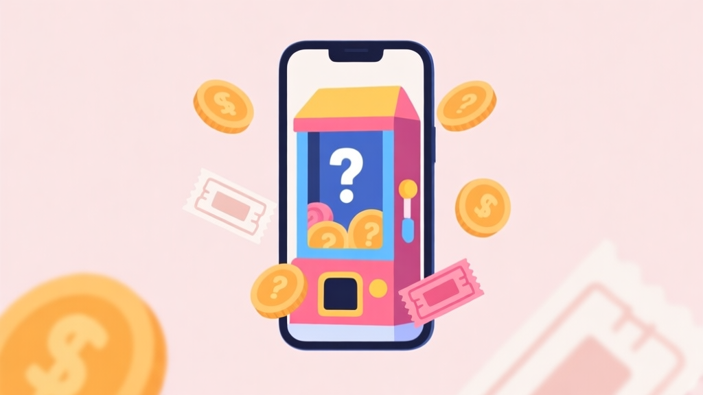 A minimalist illustration of a smartphone screen showing a colorful gacha machine with question marks, coins and ticket icons floating around it, on a soft pastel background, clean flat design high quality illustration, detailed, 16:9