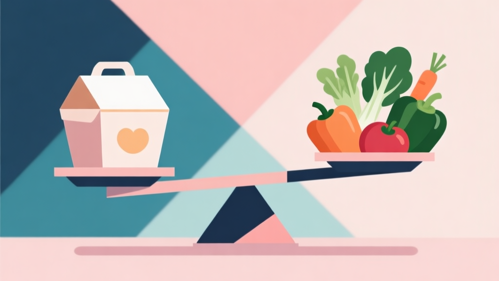 Abstract geometric composition showing a balance scale with a takeout food container on one side and fresh vegetables on the other, soft pastel colors, modern minimal style, professional health concept illustration high quality illustration, detailed, 16:9