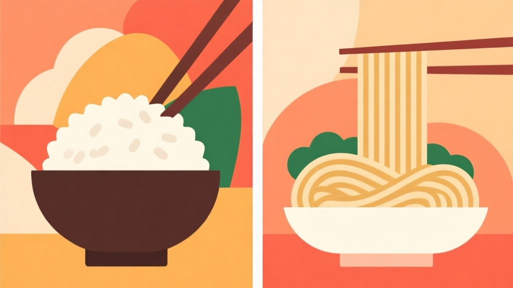 Abstract side-by-side comparison illustration of two popular Asian dishes, one with rice and one with flat noodles, using simple geometric shapes and warm, inviting food color palette, minimalist flat design style high quality illustration, detailed, 16:9