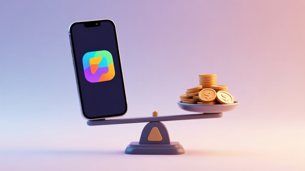 Abstract composition of a smartphone with a colorful game icon on screen, balanced on a scale against a pile of coins, soft gradient background, clean minimal design, professional review concept high quality illustration, detailed, 16:9