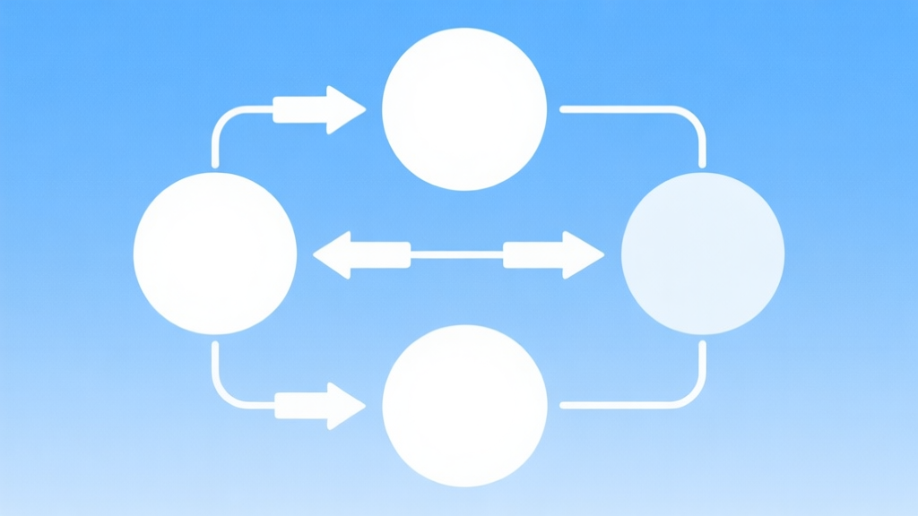 Simple flowchart illustration with connected circles and arrows, light blue and white color scheme, clean minimal design, business presentation style high quality illustration, detailed, 16:9
