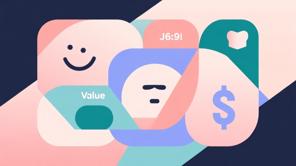 Abstract geometric composition with overlapping shapes representing game elements like joy, boredom, value and cost, soft pastel colors, modern minimal style, professional business concept illustration high quality illustration, detailed, 16:9