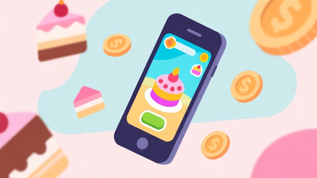 Simple geometric illustration of a smartphone showing a colorful bakery game interface, surrounded by abstract icons of cakes and coins, soft pastel colors, clean minimal design, professional mobile game concept high quality illustration, detailed, 16:9