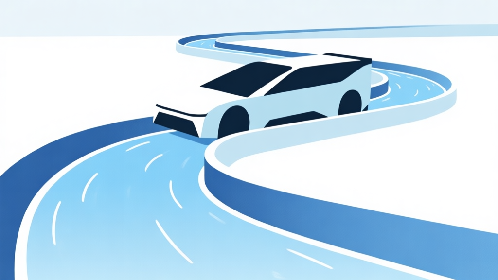 A minimalist side-view illustration of a stylized vehicle on a winding water slide track, showing precise tilt angles for left and right turns, with soft blue and white gradients, clean lines high quality illustration, detailed, 16:9