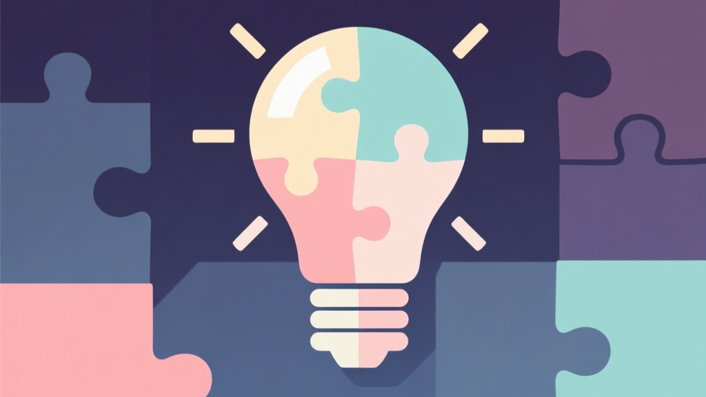 Abstract geometric composition with overlapping puzzle pieces forming a lightbulb shape, soft pastel colors, modern minimal style, professional game strategy concept illustration high quality illustration, detailed, 16:9