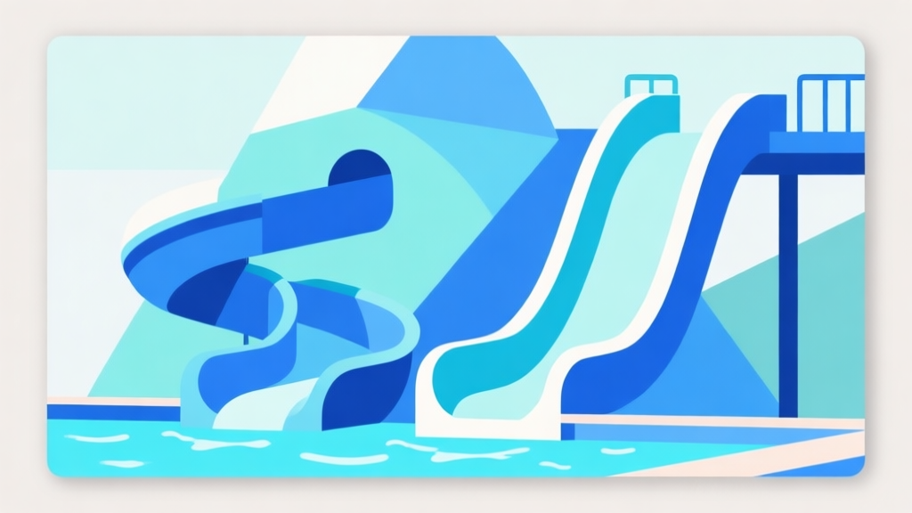 Abstract geometric composition with overlapping shapes in blue and aqua tones, representing waterpark slides and fun, soft pastel colors, modern minimal style, professional game review concept illustration high quality illustration, detailed, 16:9