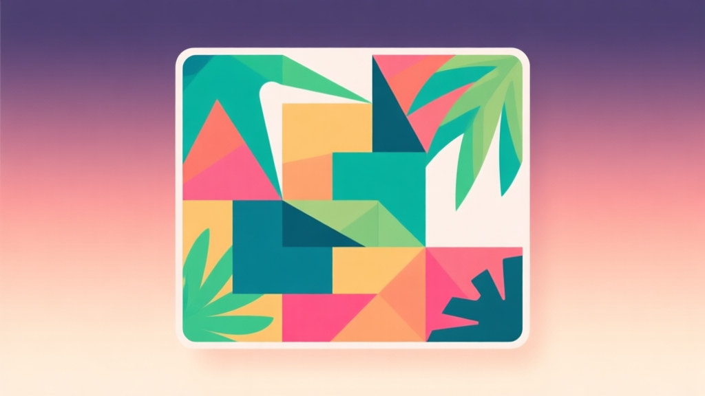 Abstract geometric puzzle with complex overlapping shapes in tropical colors, clean flat design, minimalist game concept illustration, soft gradient background high quality illustration, detailed, 16:9