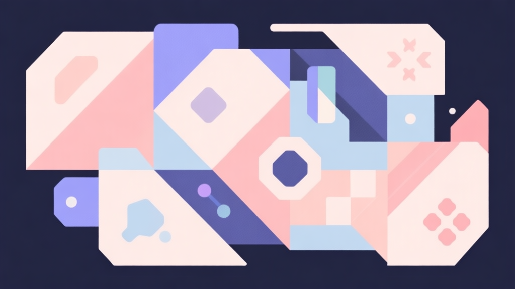 Abstract geometric composition with overlapping shapes representing game mechanics, soft pastel colors, modern minimal style, professional gaming concept illustration high quality illustration, detailed, 16:9