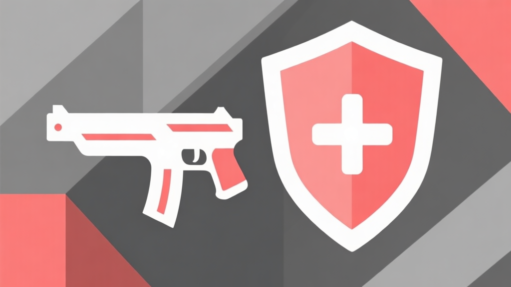 Abstract geometric composition showing a stylized, sleek weapon icon contrasted with a shield and a plus/minus symbol, soft red and grey color scheme, clean minimal design, professional game analysis concept high quality illustration, detailed, 16:9