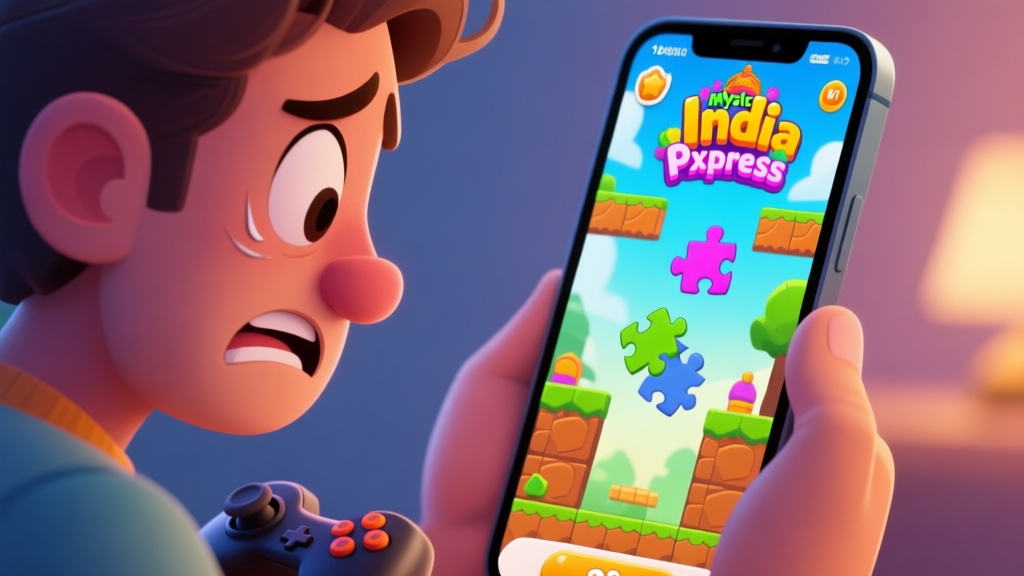 A frustrated gamer looking at a stuck puzzle level on a mobile phone screen, with a vibrant and colorful Mystic India Pop Express game interface visible, cartoon style, soft lighting high quality illustration, detailed, 16:9