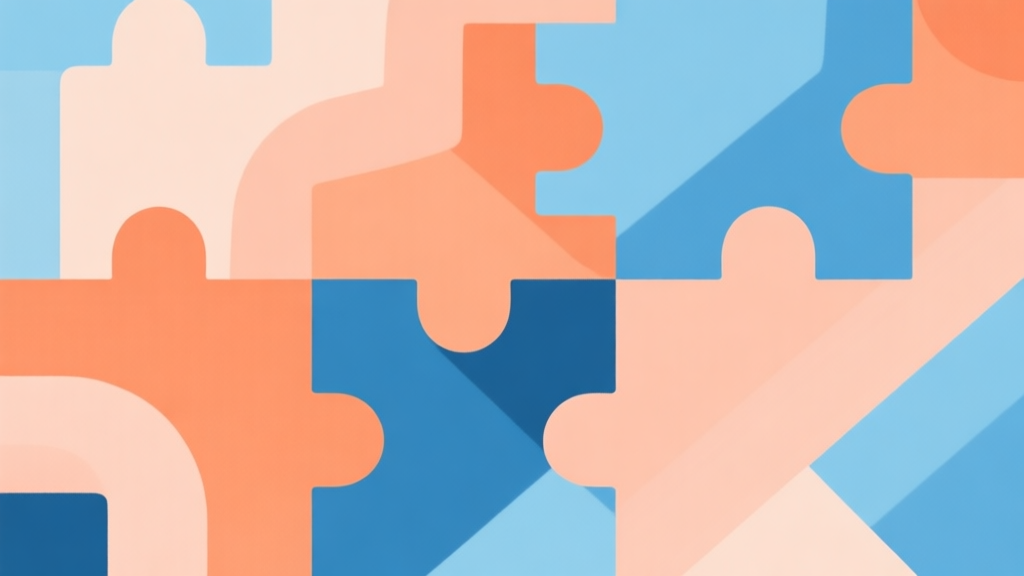 Abstract geometric composition with overlapping shapes representing puzzle pieces, soft pastel colors of orange and blue, modern minimal style, professional game analysis concept illustration high quality illustration, detailed, 16:9