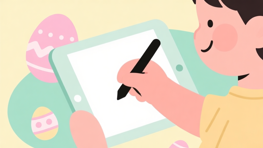 A cheerful, minimalist illustration of a child's hand using a stylus on a tablet, with simple Easter egg decorations and pastel colors like soft pink, mint green, and light yellow in the background, clean flat design high quality illustration, detailed, 16:9