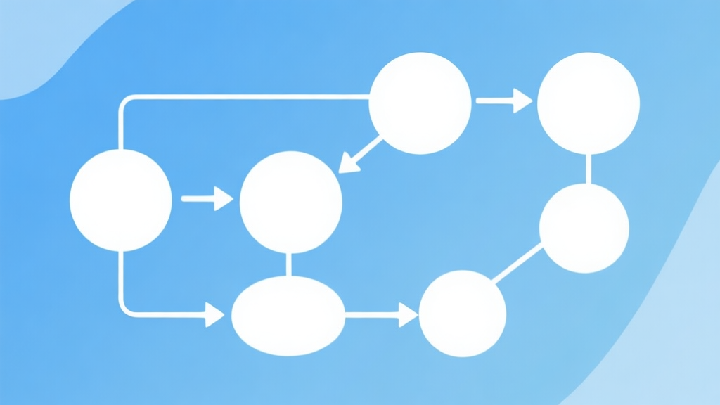 Simple flowchart illustration with connected circles and arrows, light blue and white color scheme, clean minimal design, business presentation style high quality illustration, detailed, 16:9