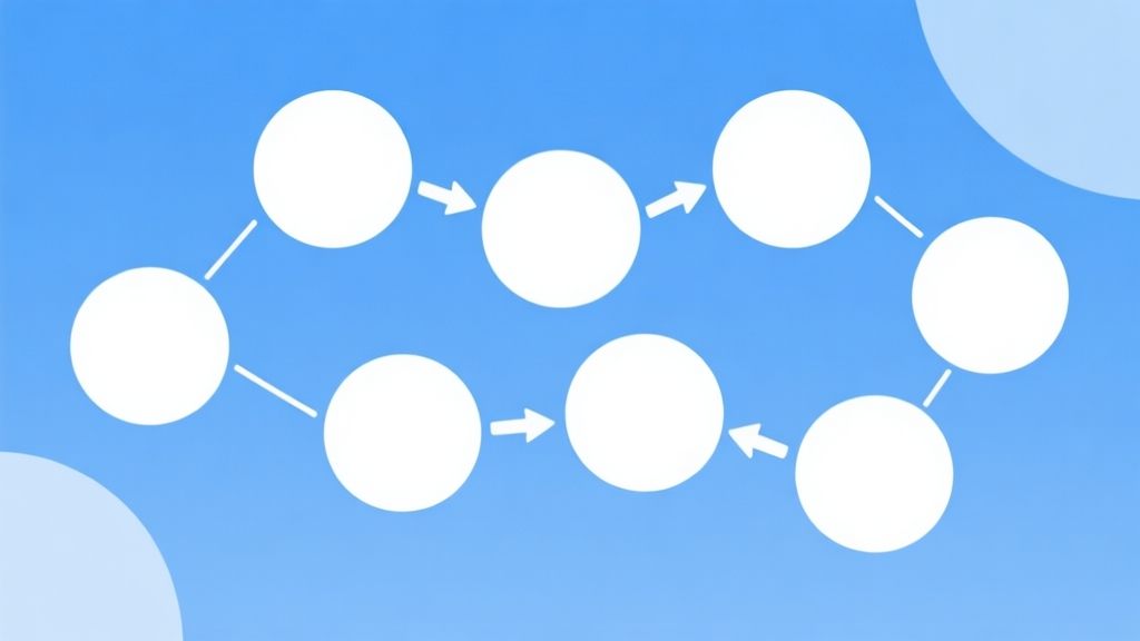 Simple flowchart illustration with connected circles and arrows, light blue and white color scheme, clean minimal design, business presentation style high quality illustration, detailed, 16:9
