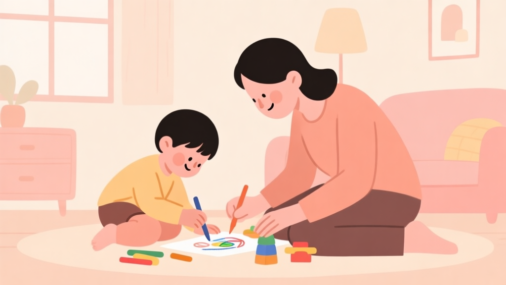 A warm, inviting illustration of a parent and child engaged in a playful activity like drawing or pretend play, with soft pastel colors, simple shapes, and a cozy home setting, minimalist style high quality illustration, detailed, 16:9