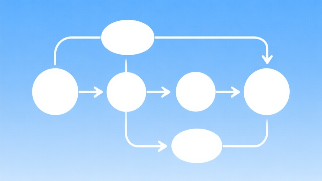 Simple flowchart illustration with connected circles and arrows, light blue and white color scheme, clean minimal design, business presentation style high quality illustration, detailed, 16:9
