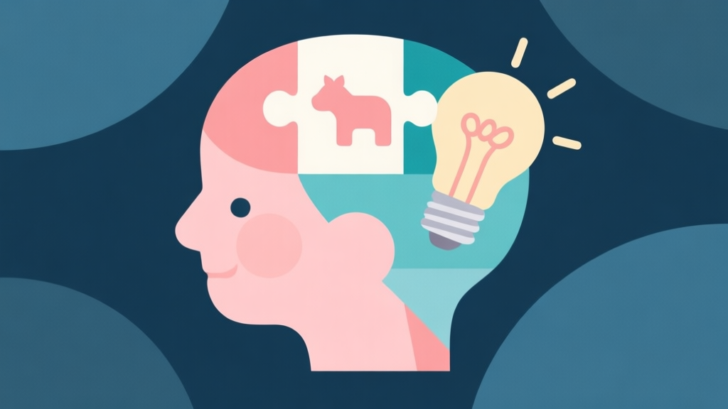 Abstract geometric composition with overlapping shapes representing a child's mind, a puzzle piece with an animal icon, and a lightbulb, soft pastel colors, modern minimal style, professional education concept illustration high quality illustration, detailed, 16:9