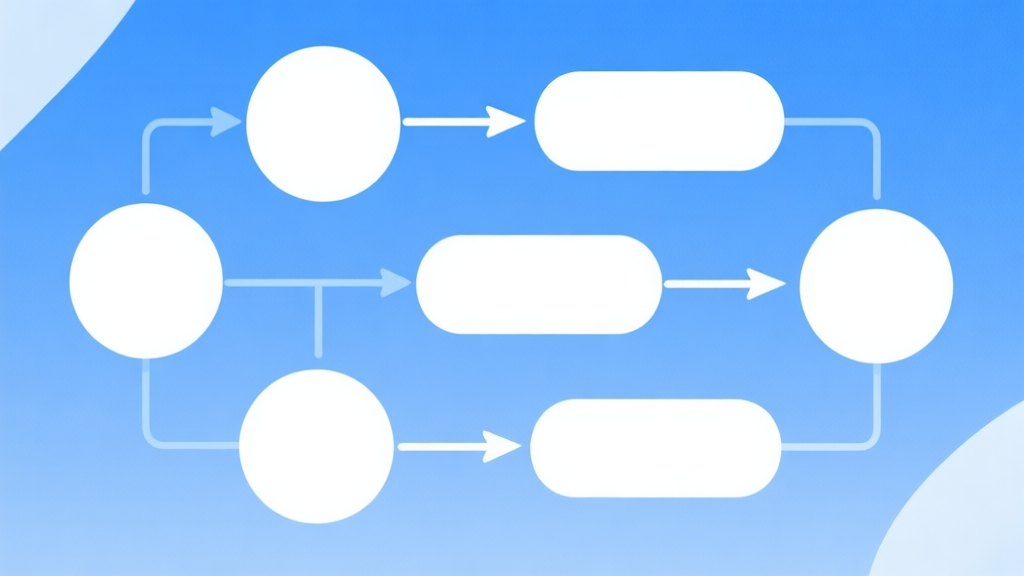 Simple flowchart illustration with connected circles and arrows, light blue and white color scheme, clean minimal design, business presentation style high quality illustration, detailed, 16:9