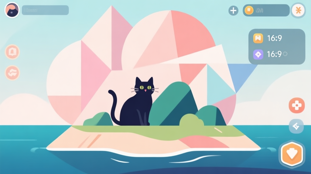 Abstract geometric composition with overlapping shapes, soft pastel colors, modern minimal style, professional business concept illustration of a cat island with game UI elements high quality illustration, detailed, 16:9