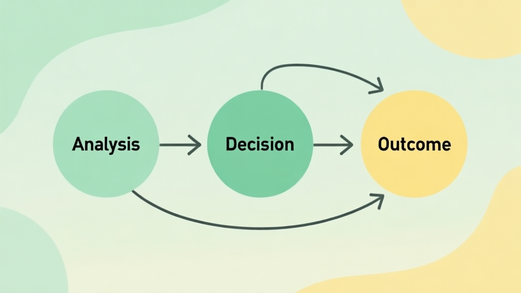 Simple flowchart illustration with connected circles and arrows representing analysis, decision, and outcome, light green and soft yellow color scheme, clean minimal design, business presentation style high quality illustration, detailed, 16:9