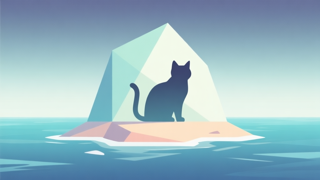 Abstract geometric island shape with a stylized cat silhouette, soft gradient ocean background, clean lines, minimalist game concept illustration high quality illustration, detailed, 16:9