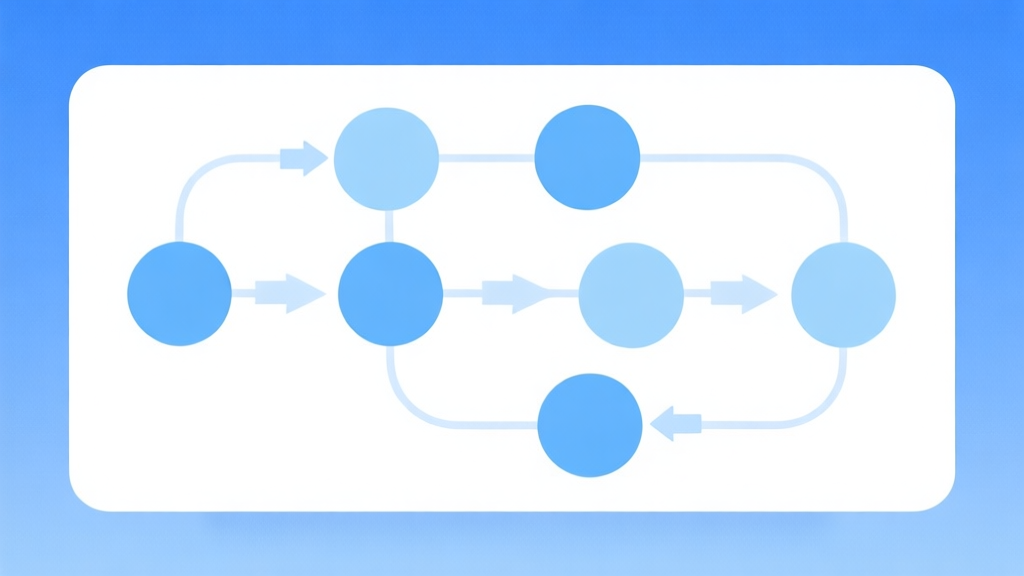 Simple flowchart illustration with connected circles and arrows, light blue and white color scheme, clean minimal design, business presentation style high quality illustration, detailed, 16:9