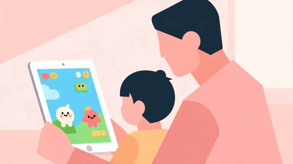 Simple geometric illustration of a parent and child looking at a tablet screen with cute game characters, soft pastel colors, clean lines, warm and nurturing atmosphere, minimalist style high quality illustration, detailed, 16:9