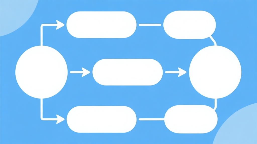 Simple flowchart illustration with connected circles and arrows, light blue and white color scheme, clean minimal design, business presentation style high quality illustration, detailed, 16:9