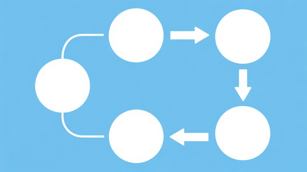 Simple flowchart illustration with connected circles and arrows, light blue and white color scheme, clean minimal design, business presentation style high quality illustration, detailed, 16:9