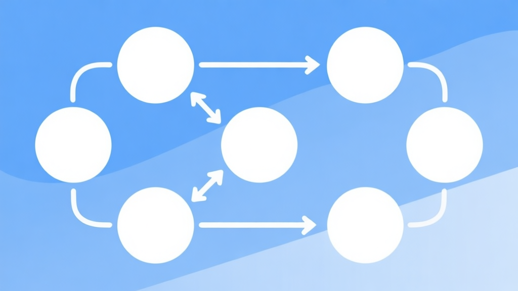 Simple flowchart illustration with connected circles and arrows, light blue and white color scheme, clean minimal design, business presentation style high quality illustration, detailed, 16:9