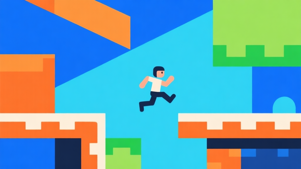 Abstract geometric composition with overlapping shapes in vibrant game-like colors (blue, orange, green), clean minimal style, showing a simple character jumping between platforms, digital game concept illustration high quality illustration, detailed, 16:9