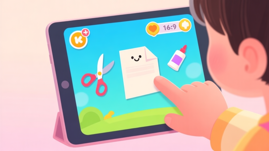 A child's hand interacting with a colorful tablet screen showing a simple, friendly crafting game interface, with virtual scissors, paper, and glue icons, soft pastel background, digital illustration style high quality illustration, detailed, 16:9