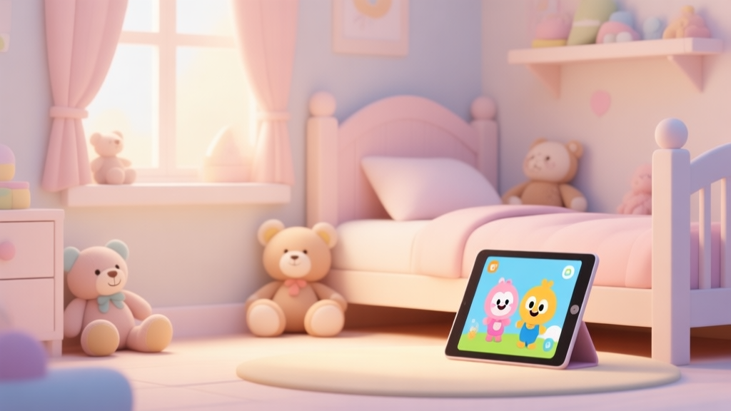 A warm, inviting digital illustration of a cozy children's room with soft toys and a tablet showing friendly cartoon characters, soft pastel colors, clean and safe aesthetic, minimalist detail high quality illustration, detailed, 16:9