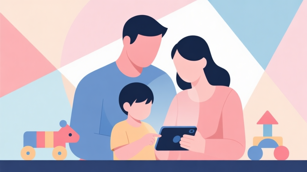 Abstract geometric composition with overlapping shapes representing family and play, soft pastel colors, modern minimal style, professional concept illustration of parent and child interaction with digital device high quality illustration, detailed, 16:9