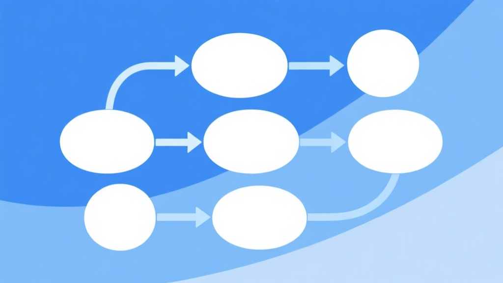 Simple flowchart illustration with connected circles and arrows, light blue and white color scheme, clean minimal design, business presentation style high quality illustration, detailed, 16:9