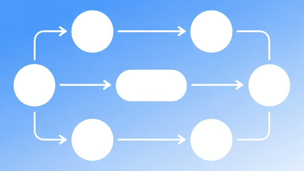 Simple flowchart illustration with connected circles and arrows, light blue and white color scheme, clean minimal design, business presentation style high quality illustration, detailed, 16:9