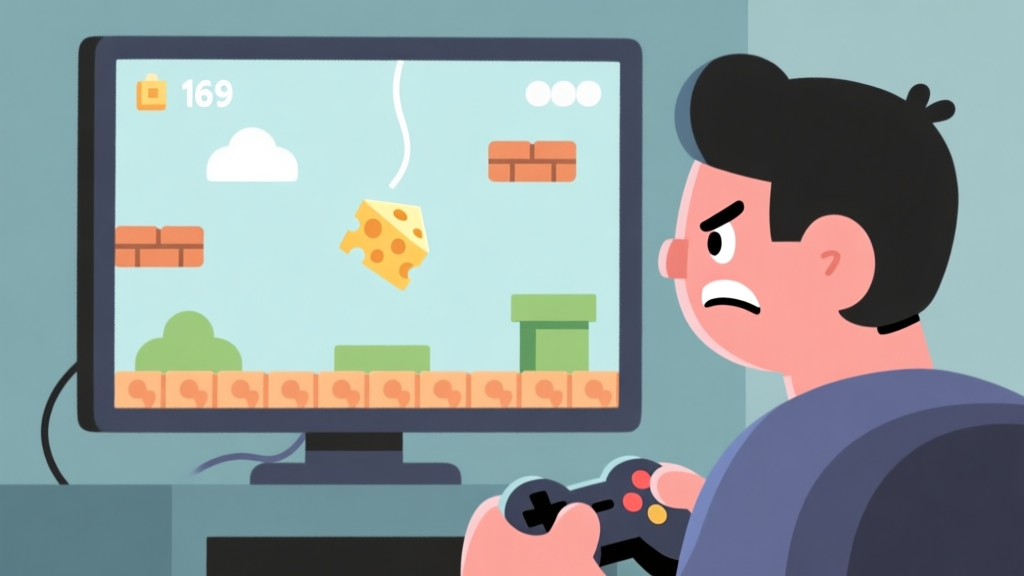 A frustrated cartoon gamer character looking at a screen showing a tricky cheese-catching level, with simple geometric obstacles and a bouncing cheese, in a flat minimalist style with soft colors high quality illustration, detailed, 16:9