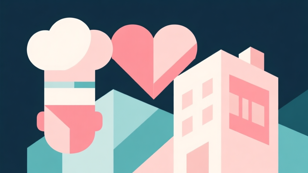 Abstract geometric composition with overlapping shapes representing game elements like a chef hat, heart, and building, soft pastel colors, modern minimal style, professional review concept illustration high quality illustration, detailed, 16:9
