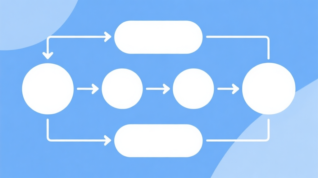 Simple flowchart illustration with connected circles and arrows, light blue and white color scheme, clean minimal design, business presentation style high quality illustration, detailed, 16:9